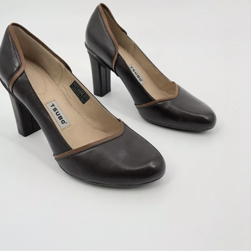 Tsubo Avoca Heels 8.5 39.5 Chocolate Brown Tan Accents Block Pumps Leather Shoes